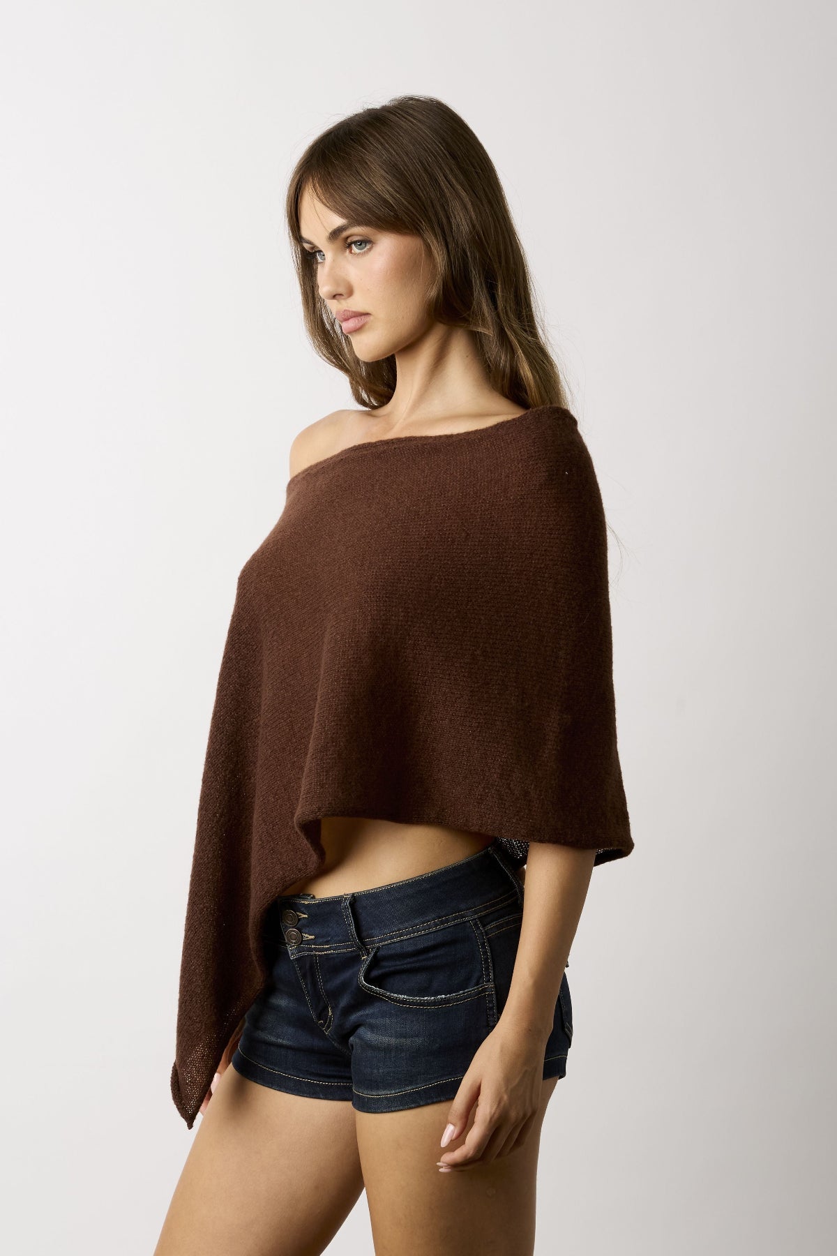Zoya Brown Off-Shoulder Knit Poncho Top
