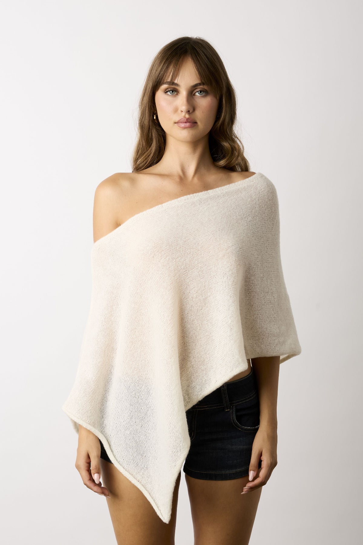 Zoya Cream Off-Shoulder Knit Poncho Top