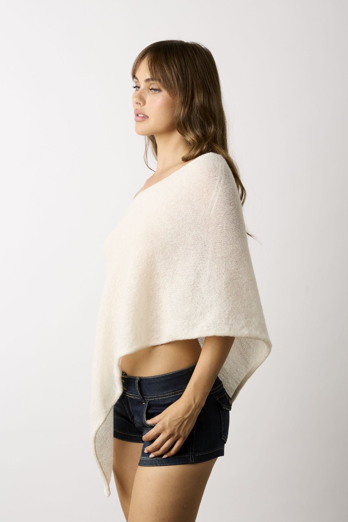 Zoya Cream Off-Shoulder Knit Poncho Top