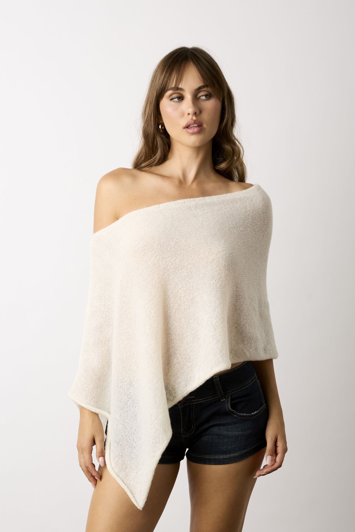 Zoya Cream Off-Shoulder Knit Poncho Top