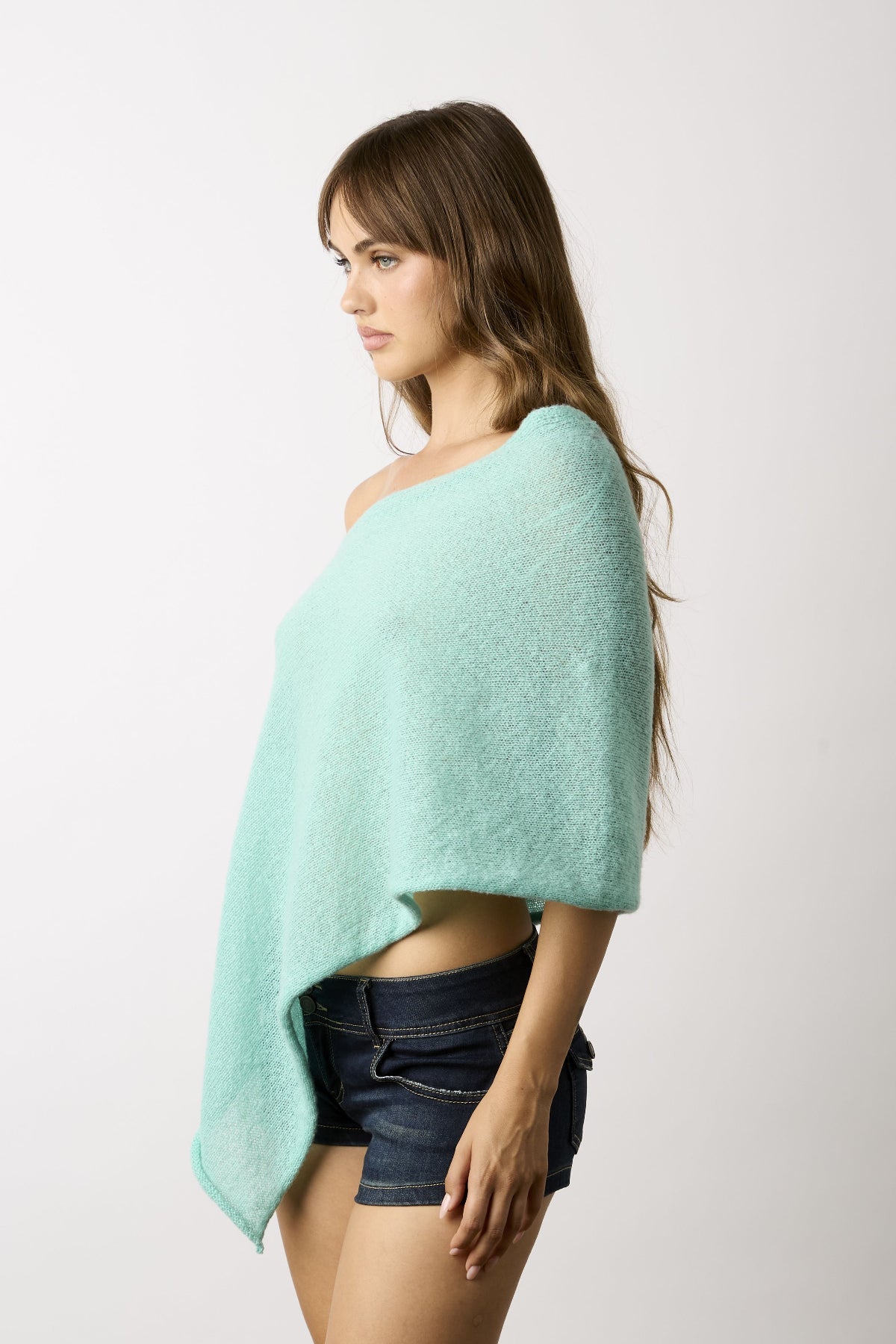 Zoya Mint Off-Shoulder Knit Poncho Top