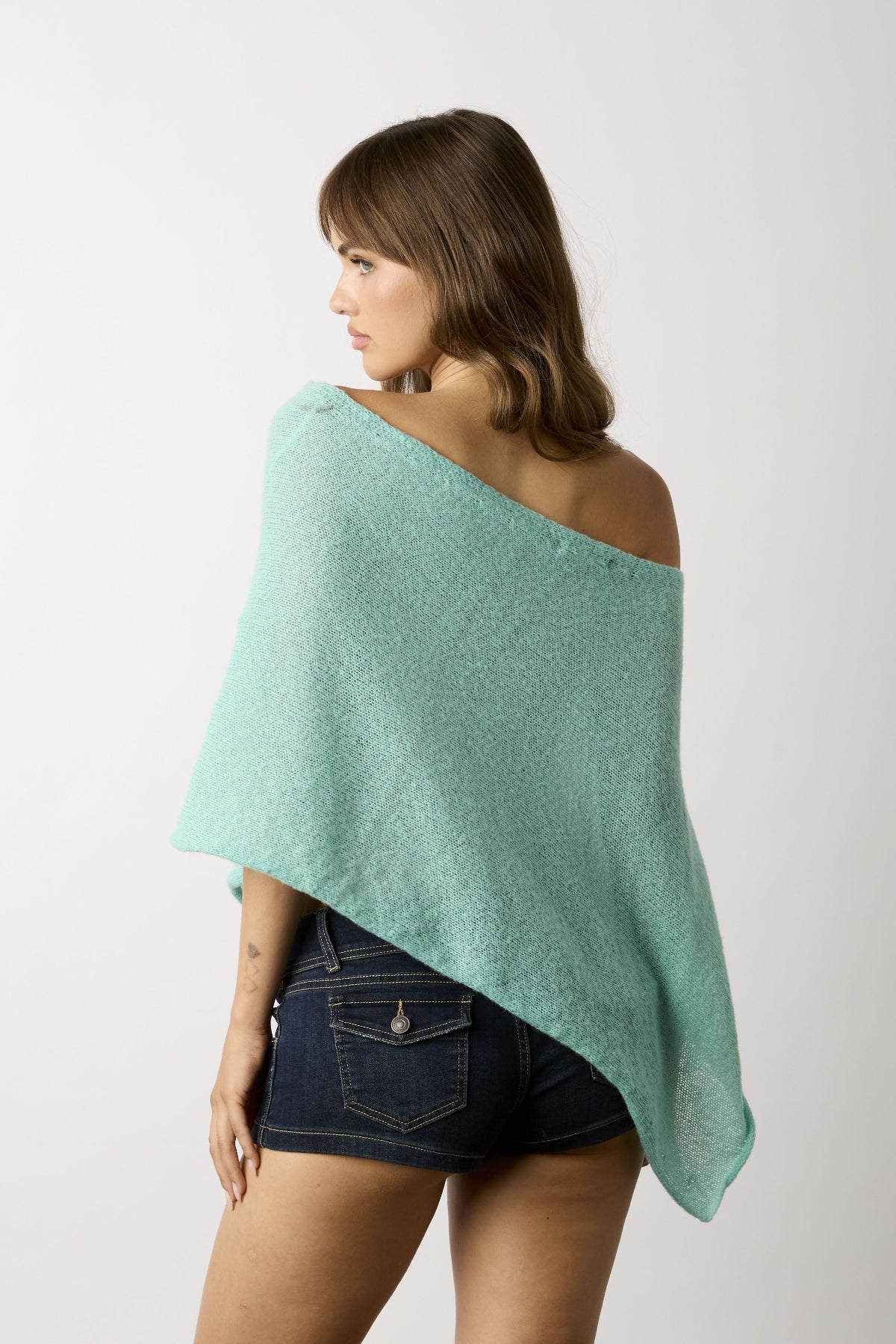 Zoya Mint Off-Shoulder Knit Poncho Top